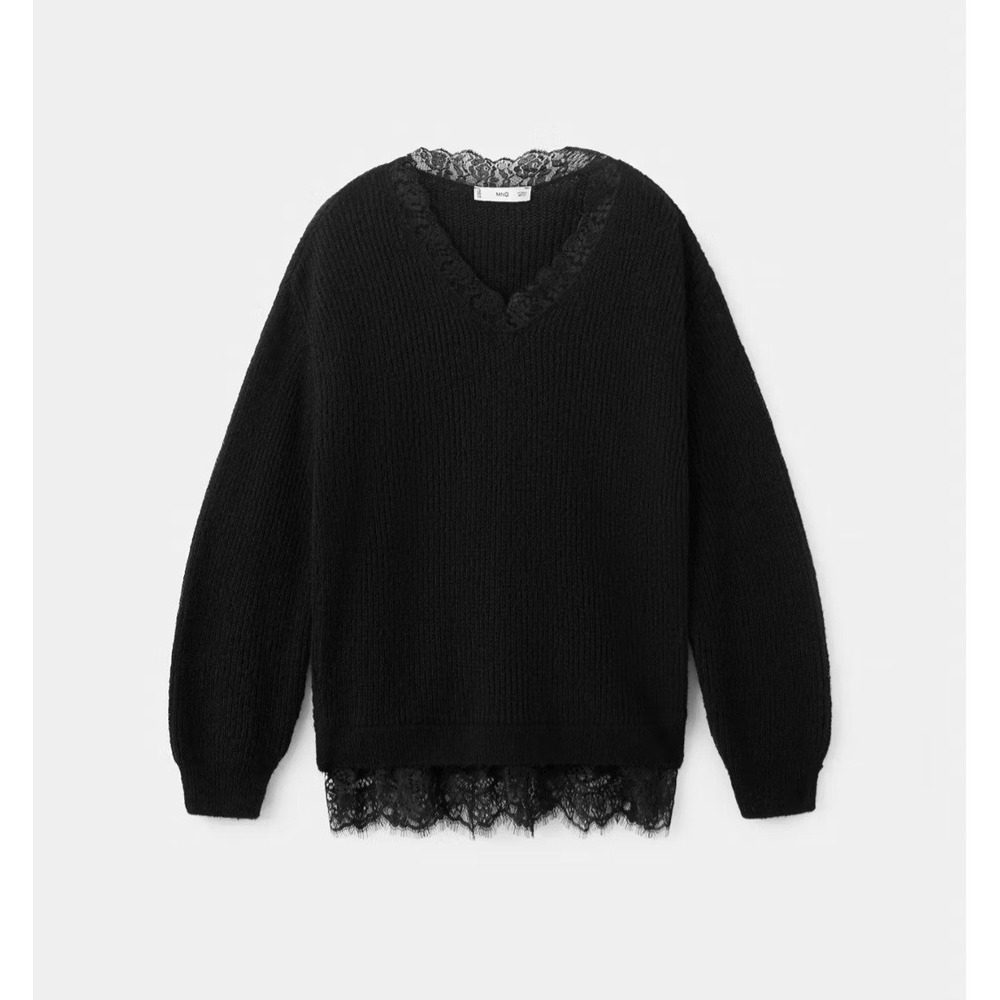Mango Jumper With Lace Detail Acrylic Alpaca Blend Black Small NWOT